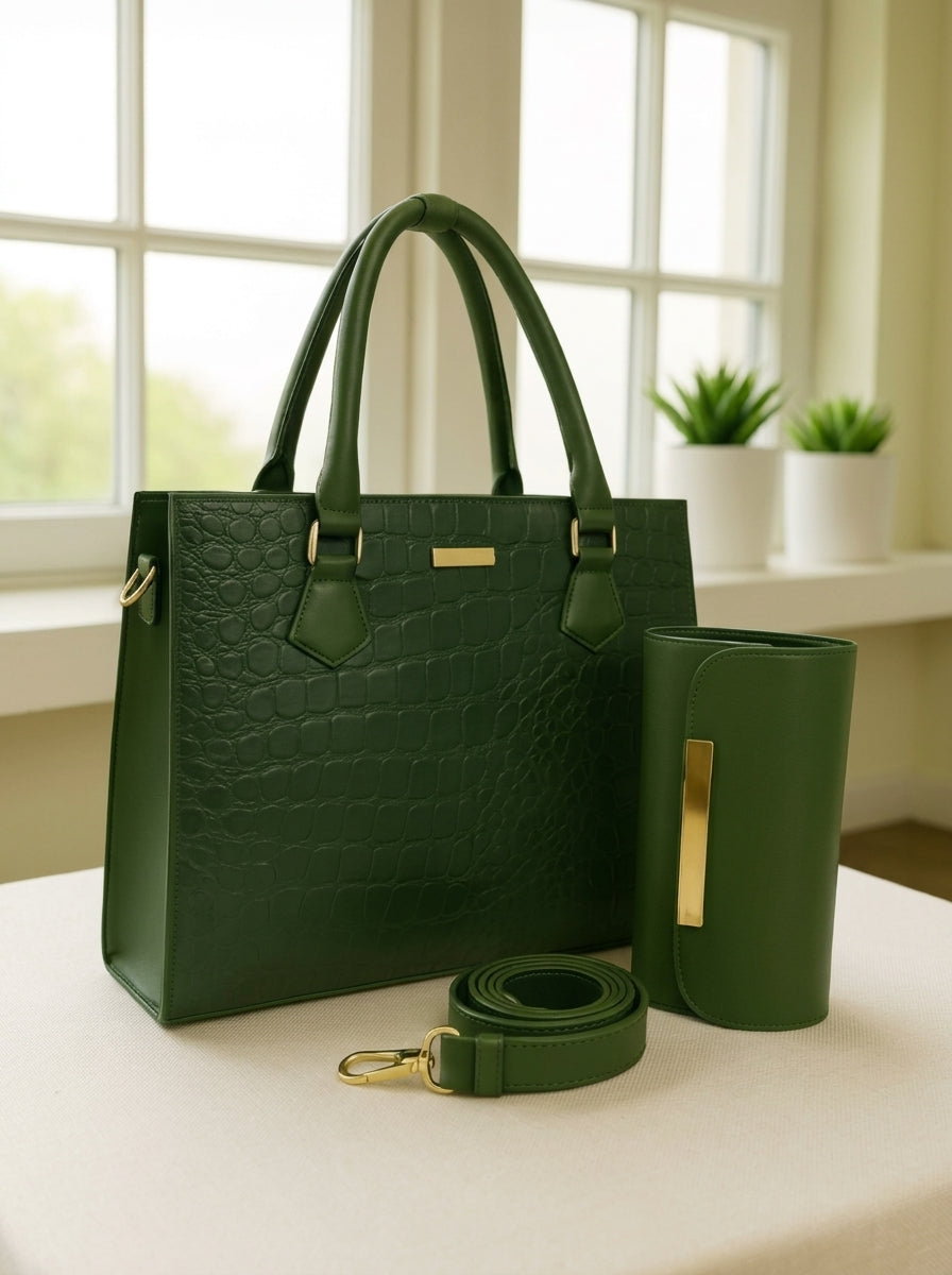 The Carry Cart Women’s Premium Tote Bag Set – 2 Pcs Emerald Green Croc PU Leather Handbag