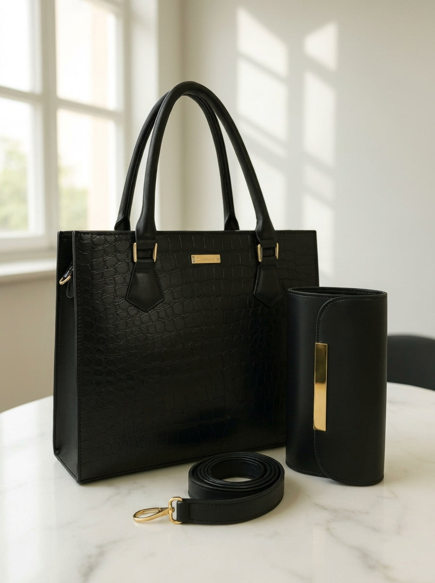 The Carry Cart Women’s Premium Tote Bag Set – 2 Pcs Black Handbags