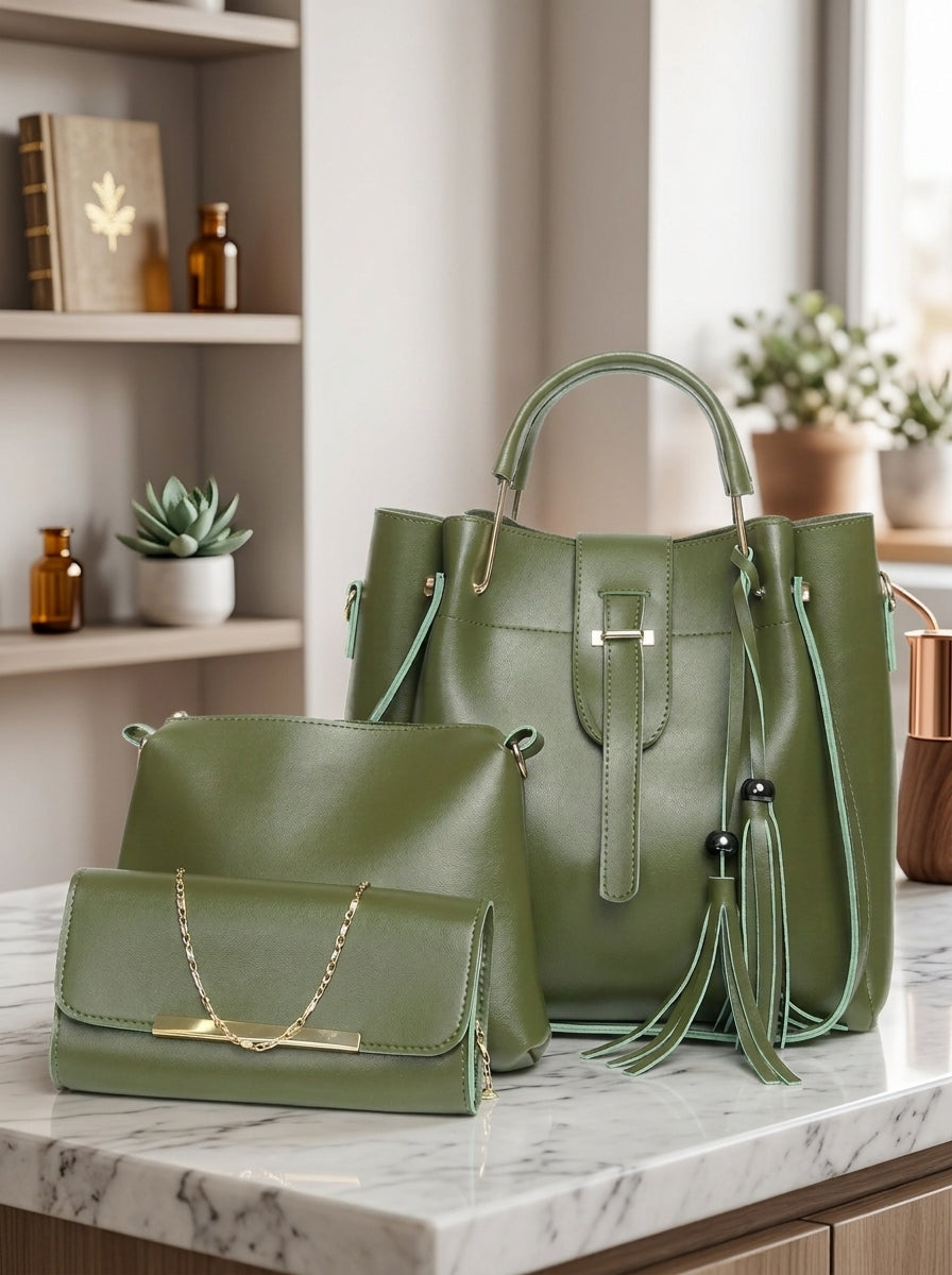 3-in-1 Olive Green PU Leather Handbag Set - Large Tote, Shoulder Bag & Pouch