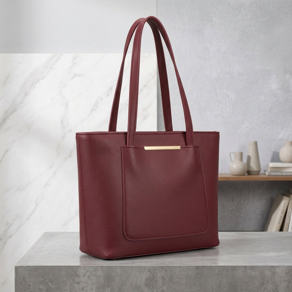 The Carry Cart Women's Premium PU Leather Tote Bag – Maroon Everyday Use Shoulder Bag with Front Pocket